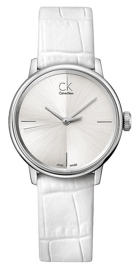 Calvin Klein Accent K2Y2Y1K6 ladies watch with silver dial and white leather strap