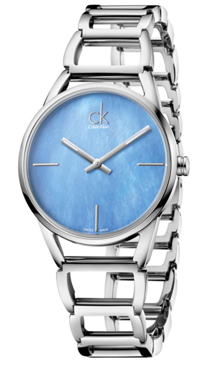 Calvin Klein Blue Mother of Pearl Dial Silver-Tone Band Ladies Watch K3G2312N