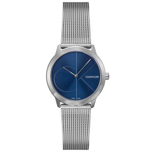 Angled view of Calvin Klein Minimal K3M2112N with blue dial and silver mesh band