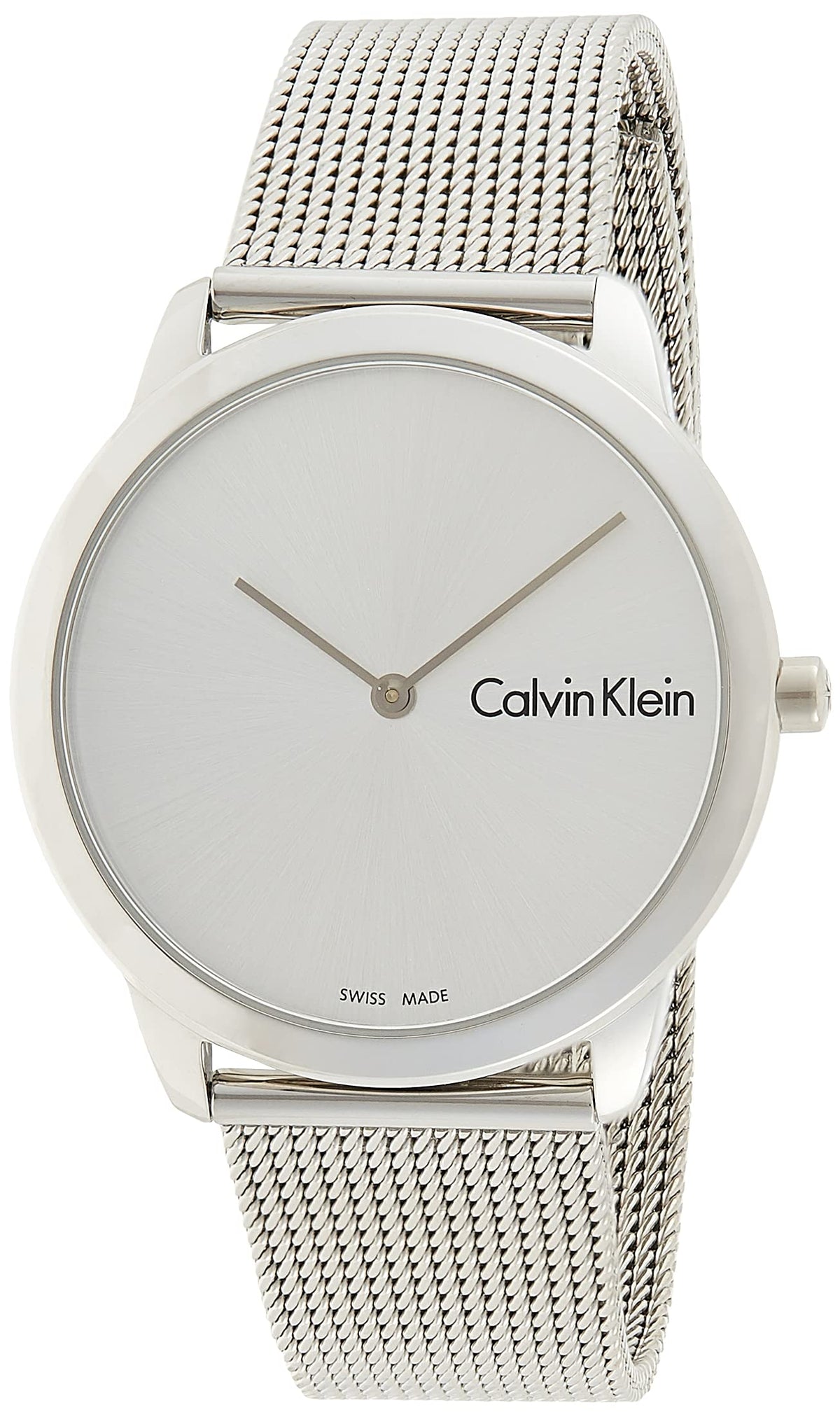 Calvin Klein men's minimalist watch with silver mesh band and clean white dial