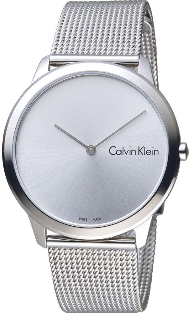 Calvin Klein K3M211Y6 watch at angle showing silver mesh bracelet and dial