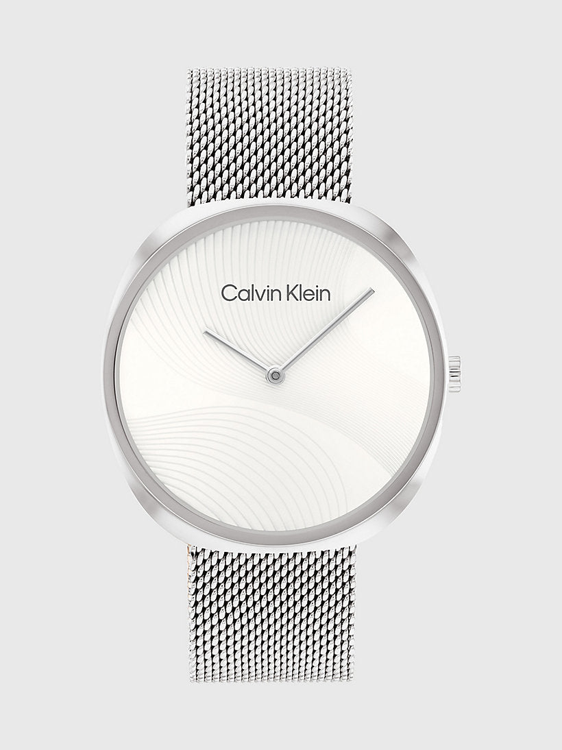 Calvin Klein men's watch with white dial and silver mesh bracelet, top view
