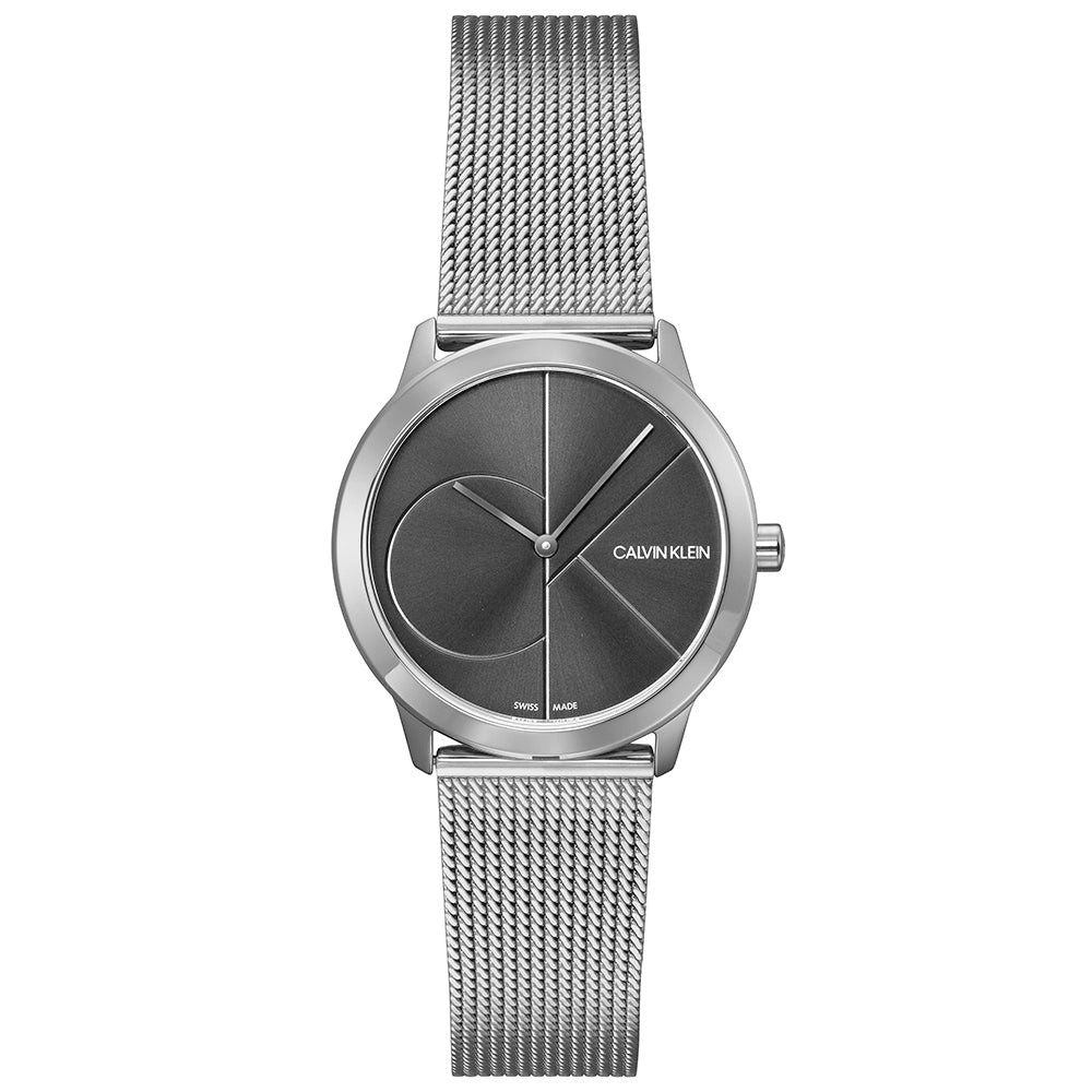 Calvin Klein K3M22123 minimal watch on wrist showing geometric dial pattern and mesh strap