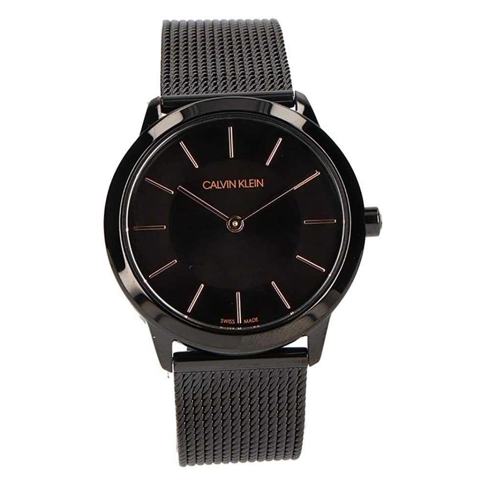 Calvin Klein K3M22421 women's watch front view showing black dial with rose gold accents and mesh band