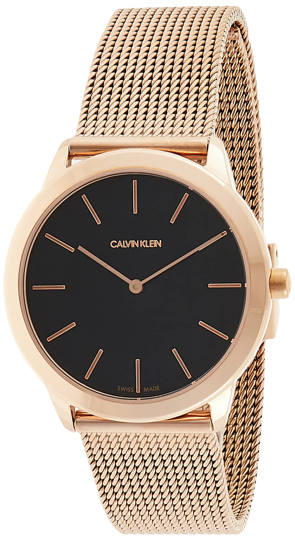 Calvin Klein K3M2262Y quartz watch with black dial, rose gold case and mesh bracelet