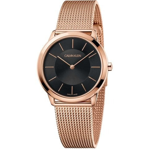 Calvin Klein Minimal women's watch featuring black dial with rose gold-tone case and bracelet