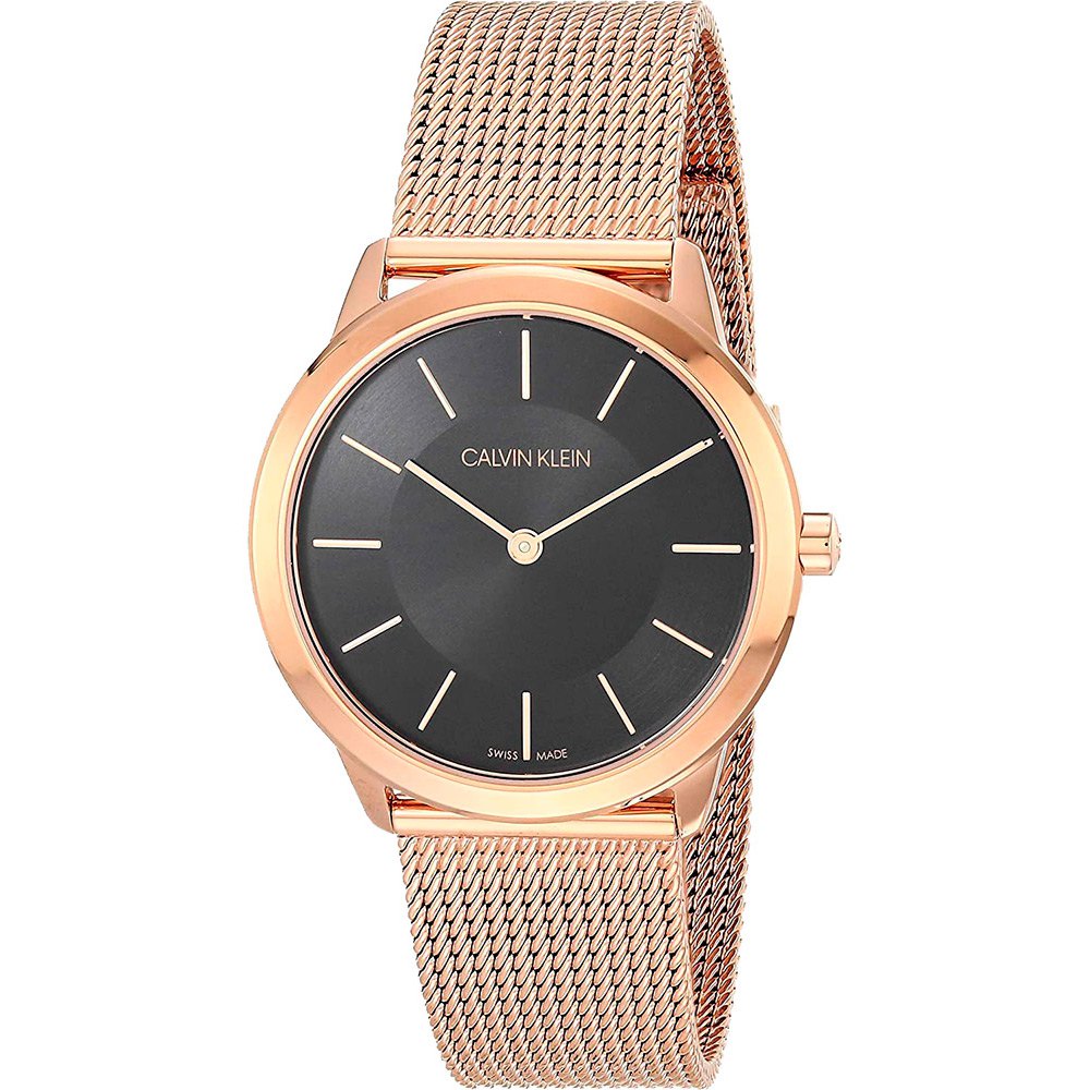 Calvin Klein Minimal quartz watch, rose gold tone with black dial and mesh strap