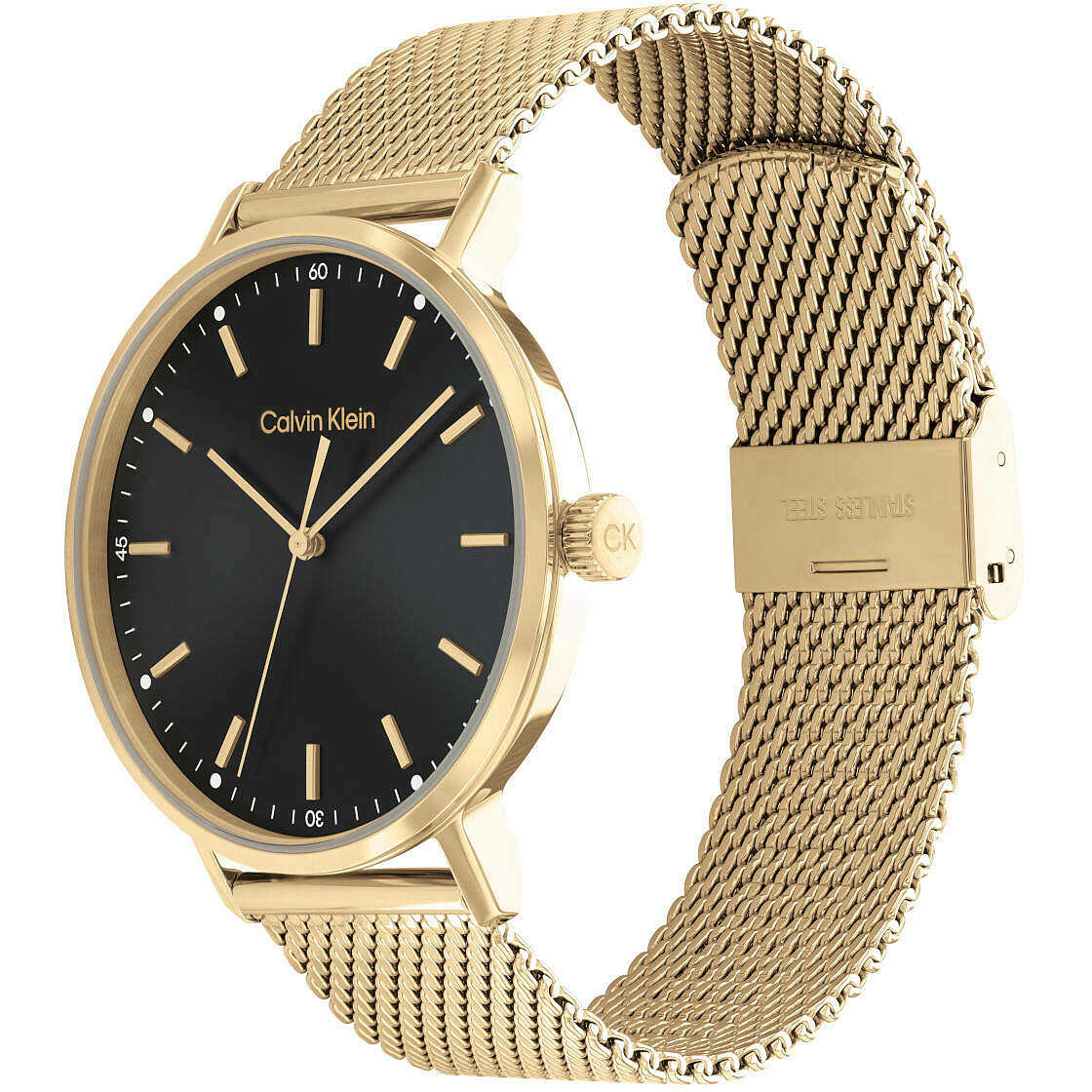 Calvin Klein watch with black dial and gold-tone mesh bracelet with folding clasp detail