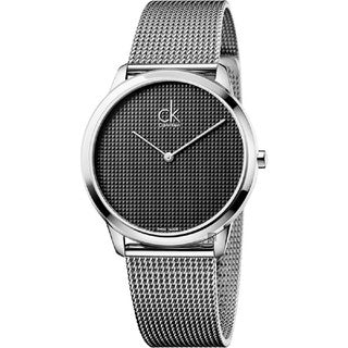 Angled view of Calvin Klein K3M2312X minimalist watch with mesh bracelet and grey dial