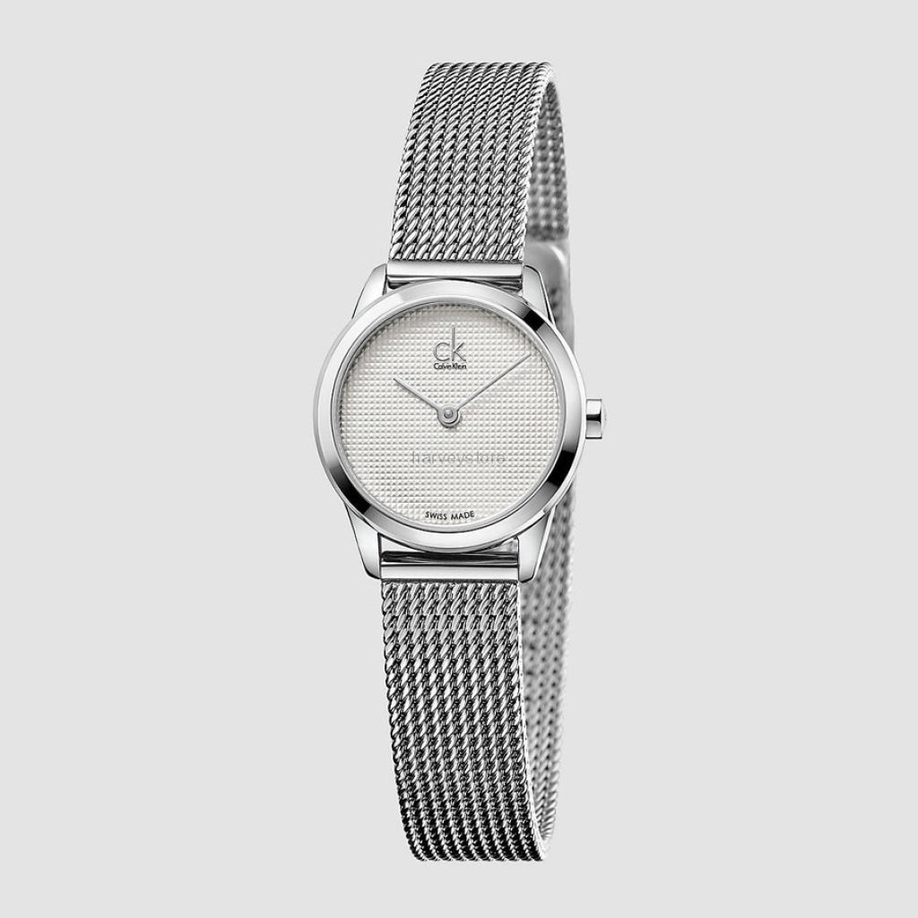 Calvin Klein K3M2312Y minimal women's watch with round white dial and mesh bracelet