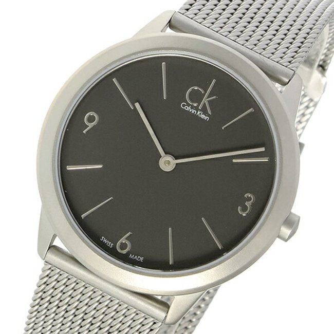Calvin Klein K3M52154 grey dial watch with silver mesh band, angled side view