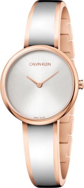Calvin Klein K4E2N61Y women's watch side view displaying two-tone rose gold and silver bracelet
