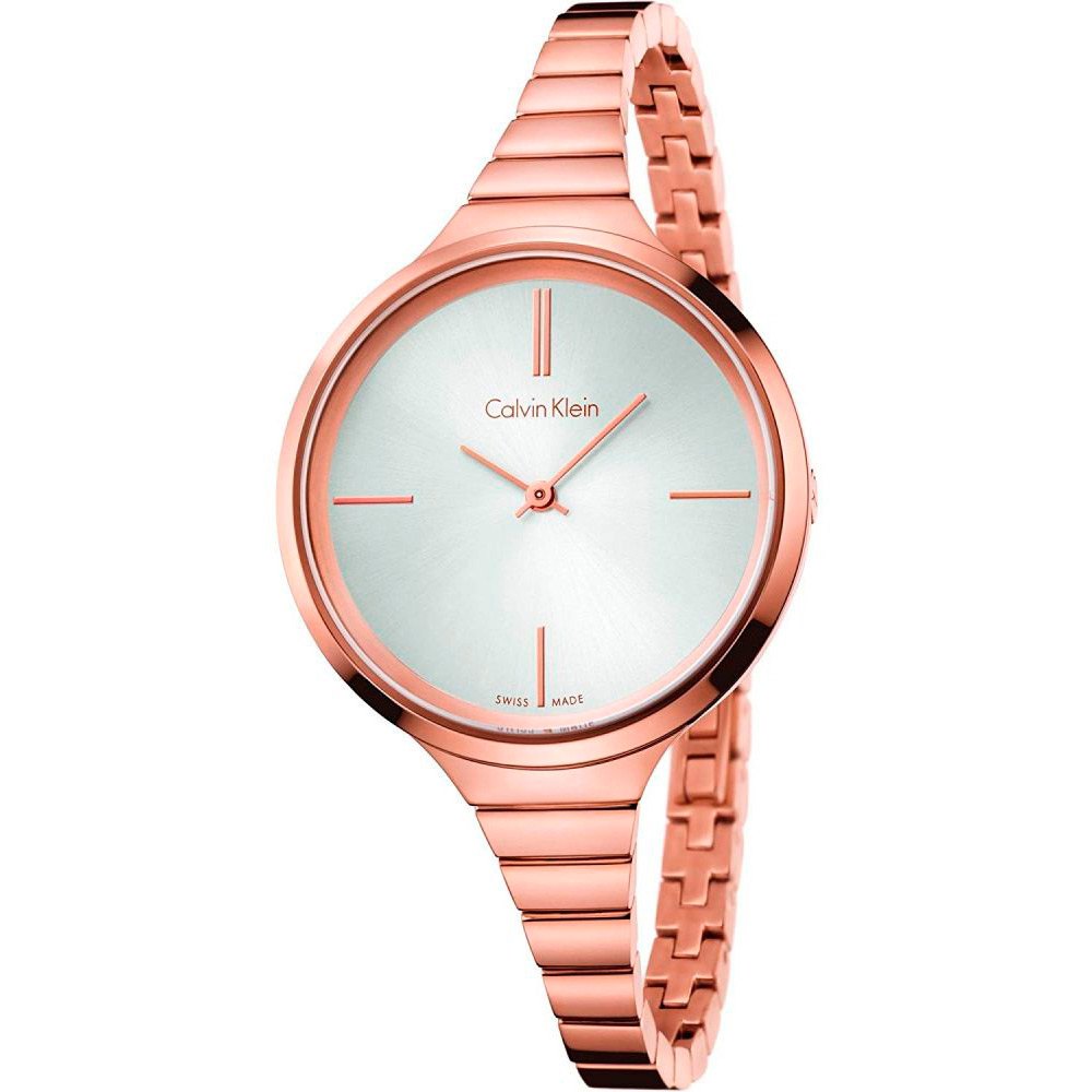 Calvin Klein Lively ladies watch angled view with rose gold metal bracelet