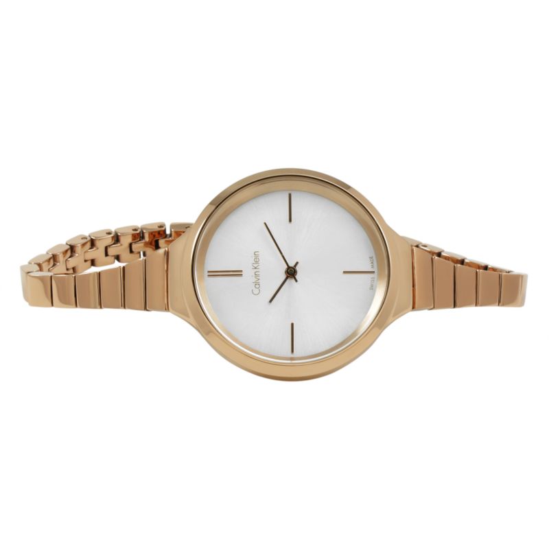 Calvin Klein Lively watch on-wrist display with rose gold case and bracelet