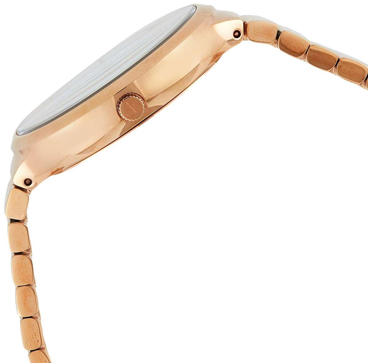 Calvin Klein Lively watch side profile showing rose gold case thickness