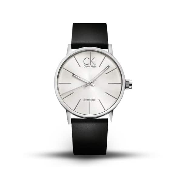 Calvin Klein K7622185 Post Minimal watch angled view with silver dial and black leather strap