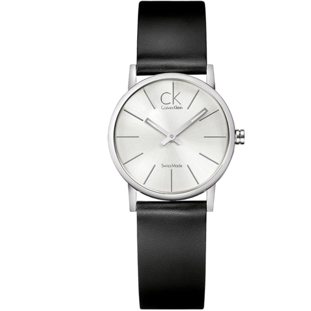 Calvin Klein K7622185 Post Minimal watch with minimalist silver dial and black leather strap
