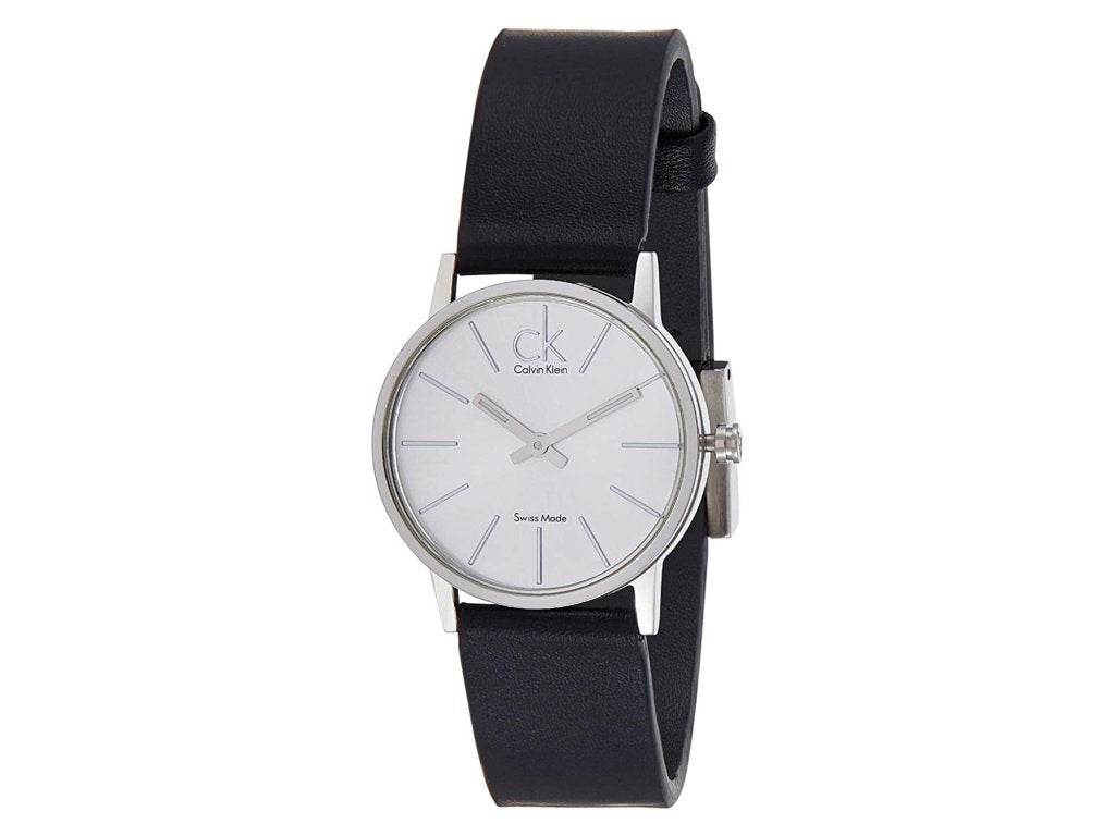 Calvin Klein Post Minimal K7622185 watch on wrist side view with black leather strap