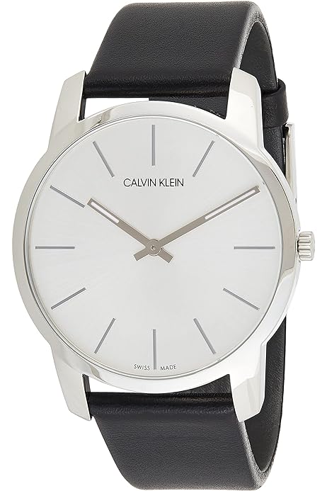 Calvin Klein K7622185 Post Minimal watch on wrist showing silver dial and black strap