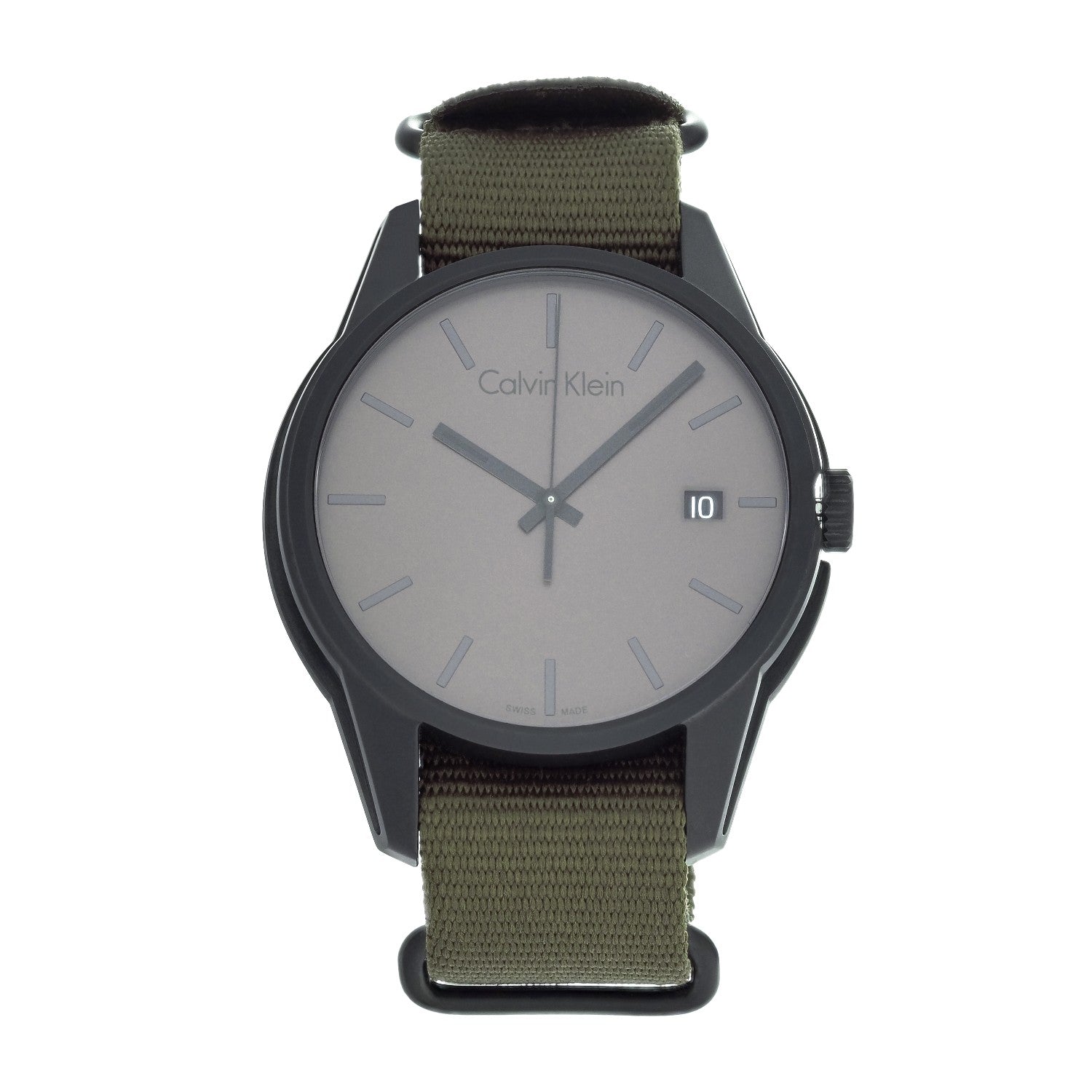 Calvin Klein K7K514WL watch angled view showing dial and green fabric strap