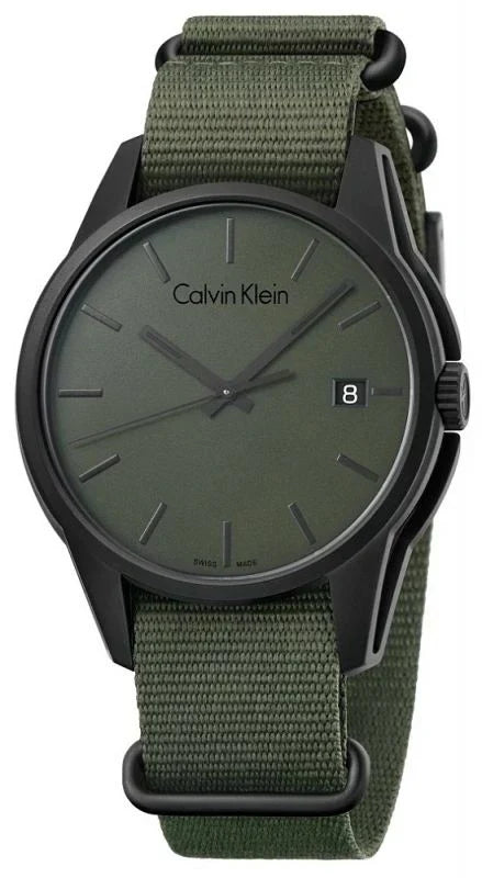 Calvin Klein K7K514WL watch with green dial and green NATO strap on white background