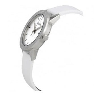 Side angle view of Calvin Klein K7Q211L6 watch showing thin profile with white strap