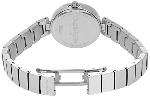 Caseback view of Calvin Klein women's watch showing stainless steel case and bracelet