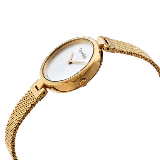 Calvin Klein K8G23526 gold ladies watch on wrist with mesh strap