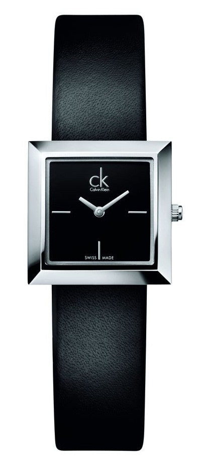 Calvin Klein Mark black dial with ck logo, silver square case and black leather strap