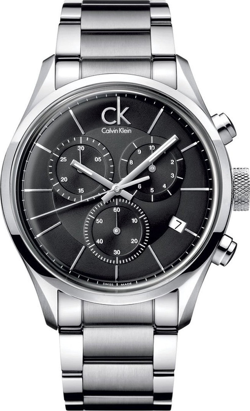 Calvin Klein Masculine chronograph watch with black dial and silver steel bracelet
