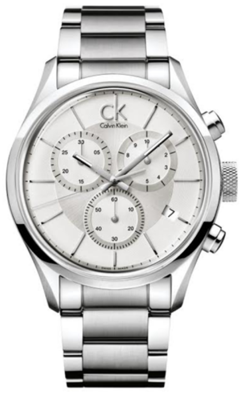 Calvin Klein Masculine K2H27126 chronograph watch with silver dial and stainless steel bracelet