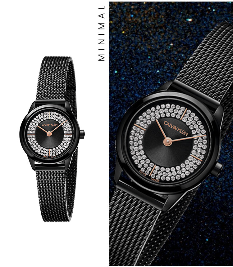 Close-up detail of Calvin Klein Minimal Diamonds black dial with crystal-set bezel