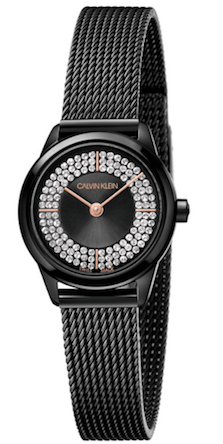 Calvin Klein Minimal Diamonds black dial watch with crystal-set bezel and black mesh bracelet
