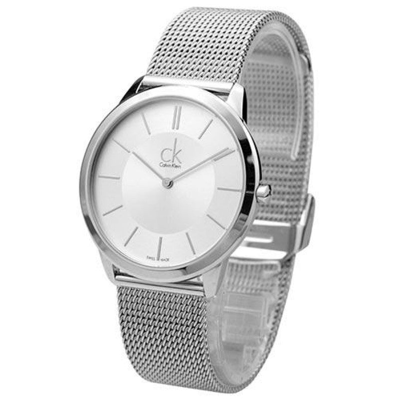Calvin Klein Minimal K3M21126 watch angled view showing silver mesh bracelet and case