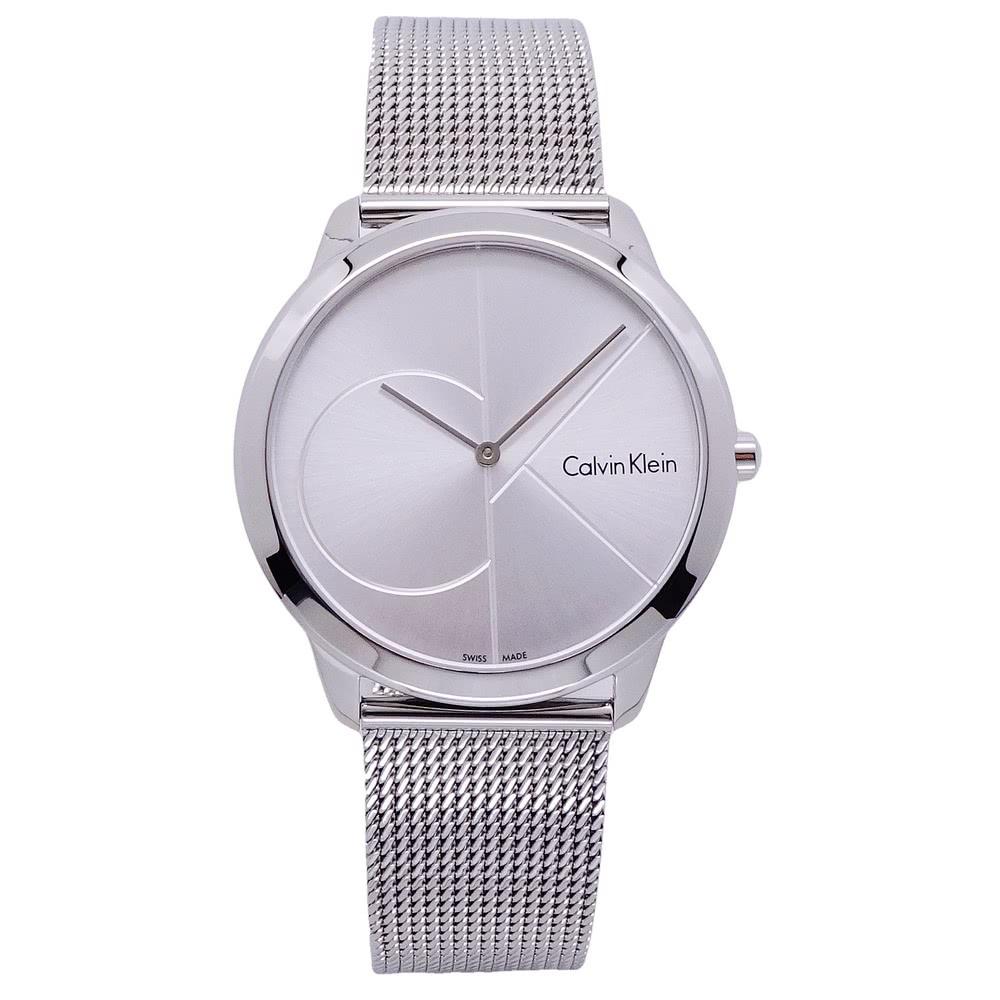 Calvin Klein Minimal watch with light purple-toned silver dial and stainless steel mesh band