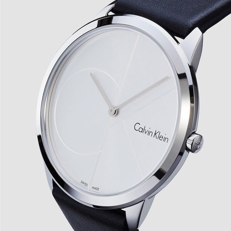 Calvin Klein Minimal men's watch with white dial and black leather strap