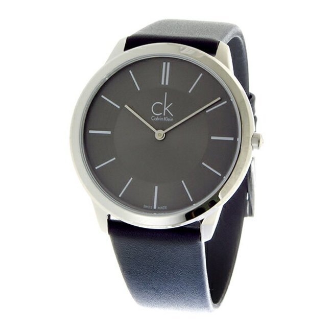 Calvin Klein K3M211C4 men's watch displayed at angle showing black dial and black leather strap