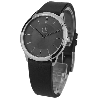 Side view of Calvin Klein Minimal watch showing stainless steel case profile and black strap