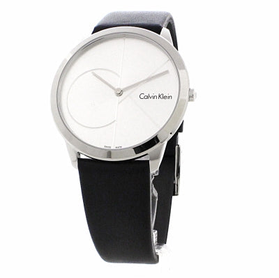 Calvin Klein Minimal K3M211CY watch at angle showing silver case and black leather band