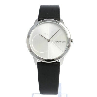Calvin Klein Minimal men's watch with minimalist silver dial and black leather strap