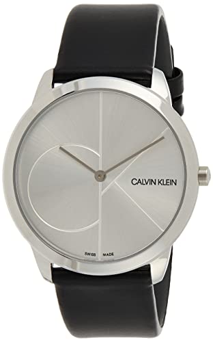 Calvin Klein Minimal men's watch with silver dial and black leather strap, front view