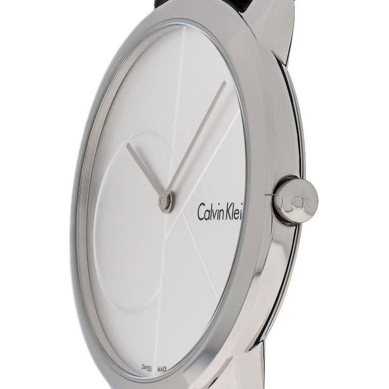 Side view of Calvin Klein Minimal K3M211CY watch showing steel case profile and crown