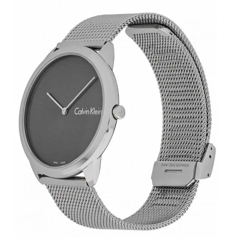 Calvin Klein Minimal watch on wrist with stainless steel mesh strap displayed