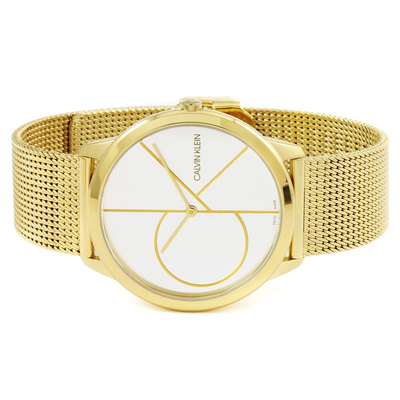 Calvin Klein Minimal 40mm watch with gold steel mesh bracelet, white dial with geometric circle and line motif