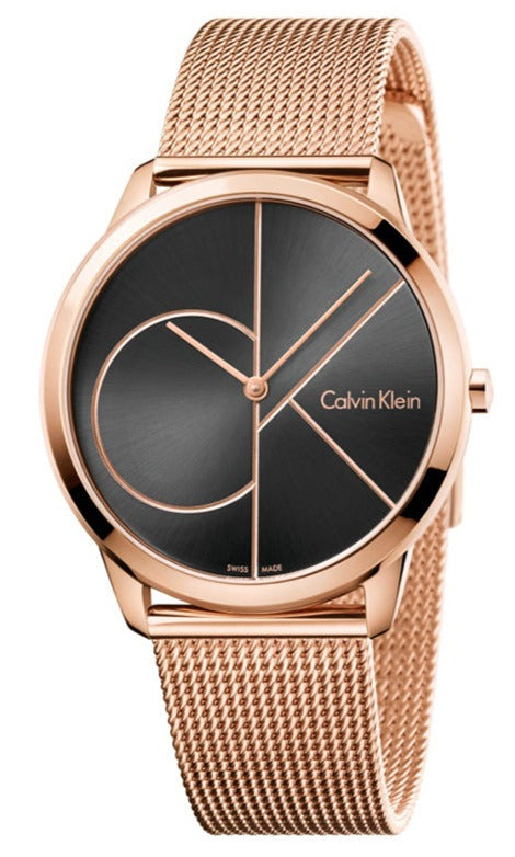 Calvin Klein Minimal 40mm rose gold watch with black dial and geometric design on mesh bracelet