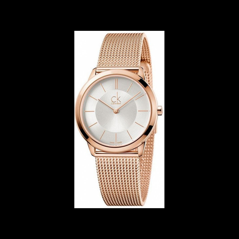 Calvin Klein Minimal K3M22626 rose gold watch with mesh bracelet on white background