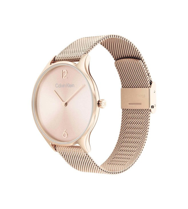 Calvin Klein K3M22626 rose gold watch side view displaying slim case and mesh bracelet