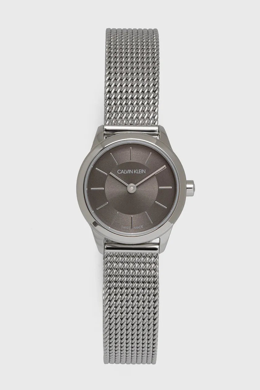 Calvin Klein Minimal ladies watch front view showing grey dial and silver mesh strap