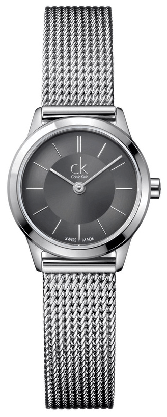 Calvin Klein Minimal ladies watch with grey dial and steel mesh bracelet worn on wrist