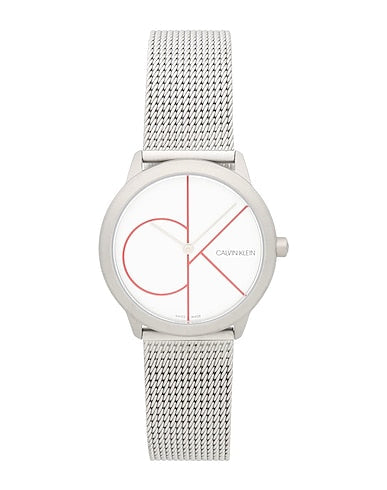 Calvin Klein Minimal men's watch angled view showing white dial and mesh bracelet